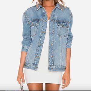 Free People Women's Denim Jean Jacket Studded Oversized Trucker Distressed M